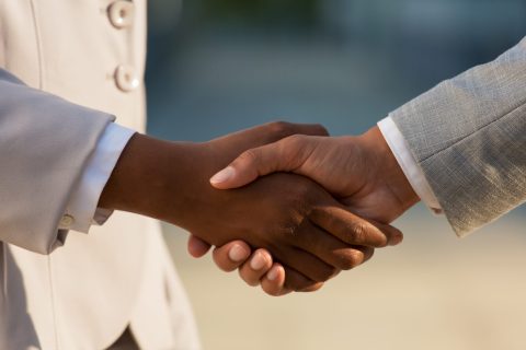 Dark skinned businesswoman shaking hands with male colleague